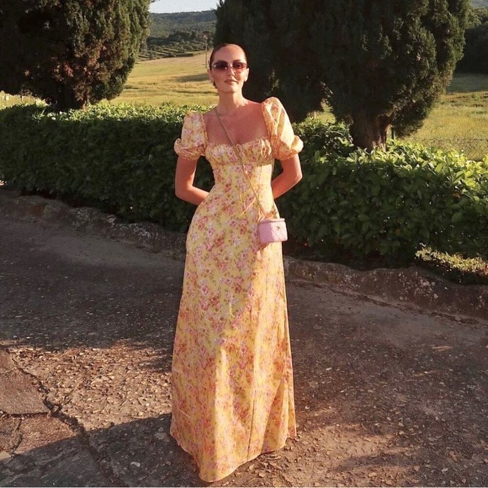 House of CB Yellow Floral Felizia Butter Print Puff Sleeve Maxi Sundress S